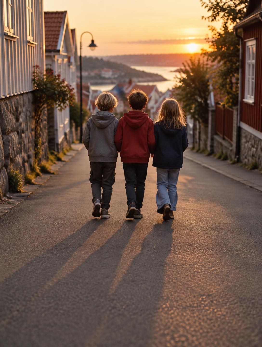 Tre barn går tillsammans längs en gata i ett svenskt samhälle i varmt kvällsljus