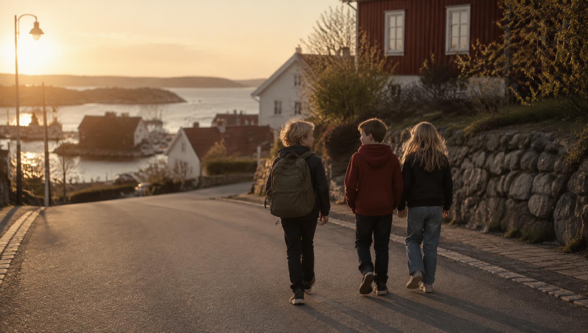Tre barn går tillsammans längs en gata i ett svenskt samhälle i varmt kvällsljus