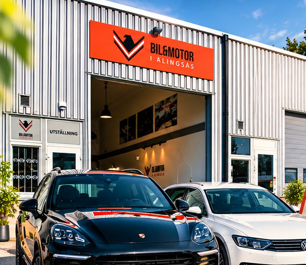 Bil & Motor i Alingsås: verkstadsbyggnad med orange skylt, öppen verkstadshall, showroom och kundmottagning
