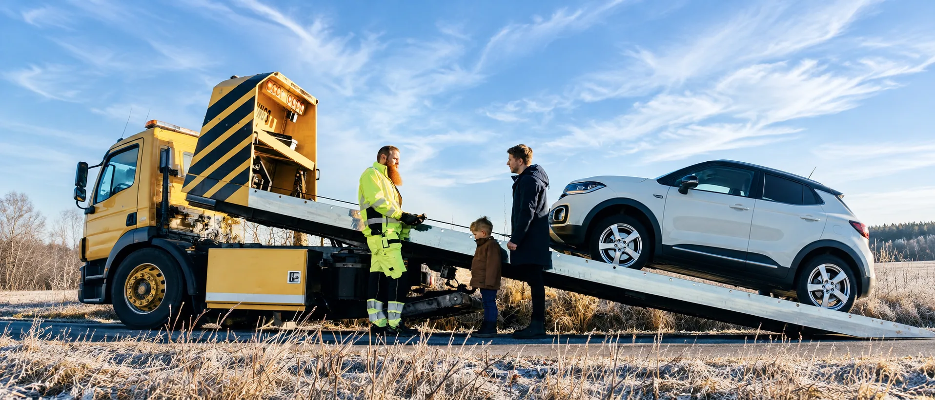 Bärgningsbil lastar en bil på en landsväg